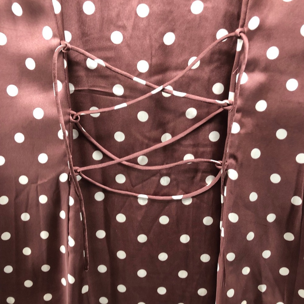 Lucky Brand Polka Dot Satin Midi Dress Womens M Brown Sleeveless V-Neck - Picture 3 of 12